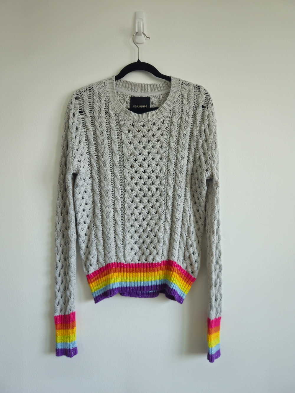 Le Superbe NWT XS Sweater Grey Rainbow Crew Cable Knit Cotton Cashmere MSRP $295